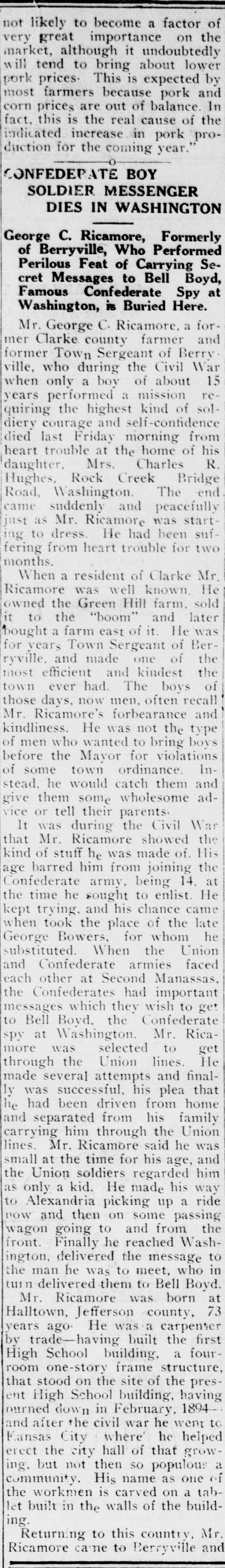 A cropped piece of a page of the Clarke Courier of August 31, 1922, showing a long newspaper column headed CONFEDERATE BOY SOLDIER MESSENGER DIES IN WASHINGTON, with a deck naming George C. Ricamore and Bell Boyd, followed by the first part of the obituary.