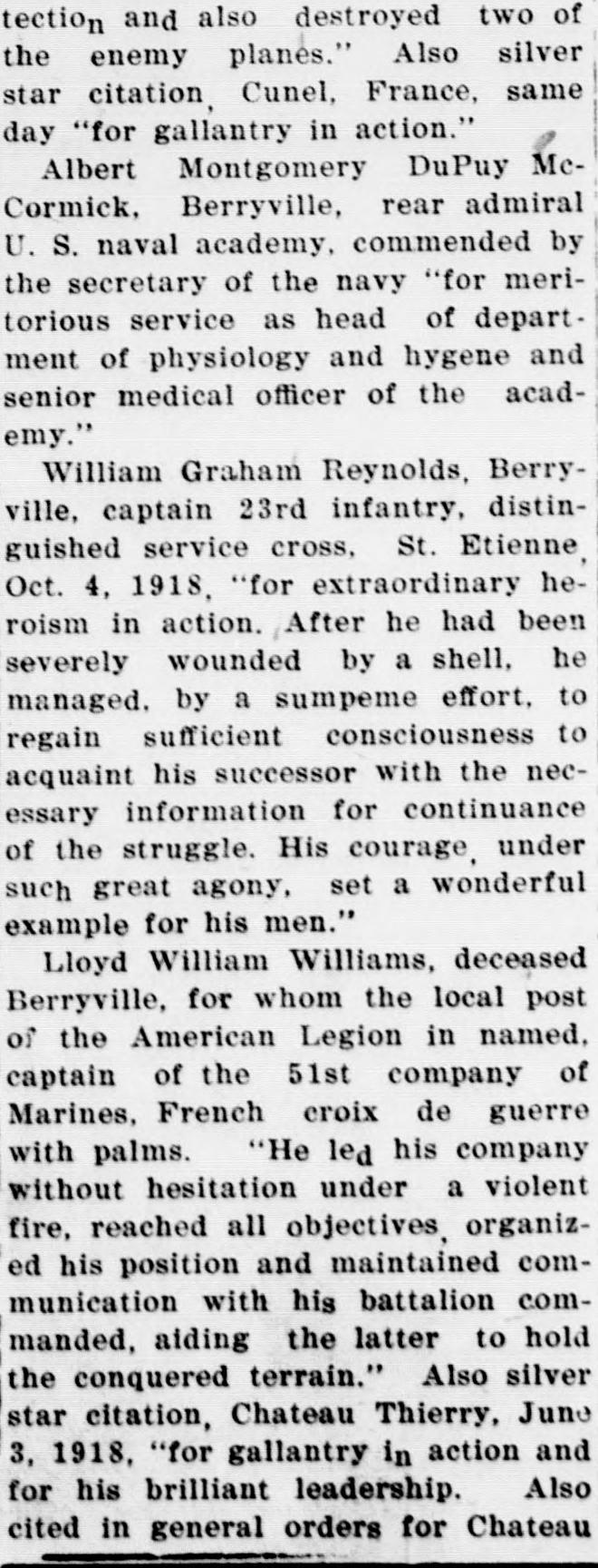 A cropped piece of a page of the Clarke Courier of April 26, 1923, showing a newspaper column of medal citations that begins mid-sentence, followed by the citation for William Graham Reynolds, captain 23rd infantry, distinguished service cross, St. Etienne, Oct. 4, 1918.