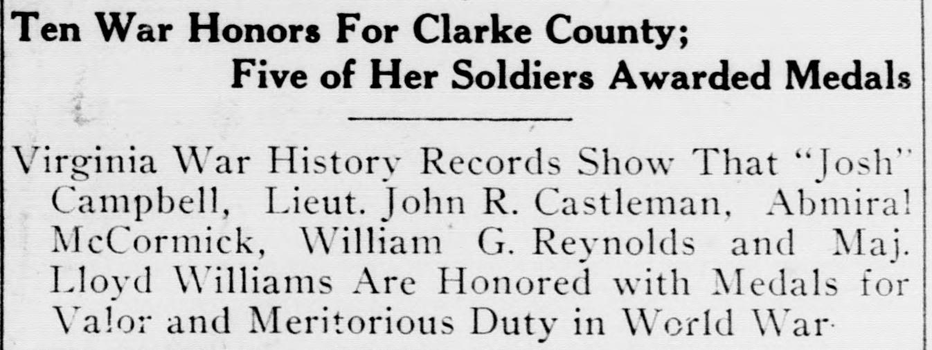 A cropped piece of a page of the Clarke Courier of April 26, 1923, showing a wide newspaper headline reading Ten War Honors For Clarke County; Five of Her Soldiers Awarded Medals, with a deck naming five men honored with medals for valor and meritorious duty in the World War.