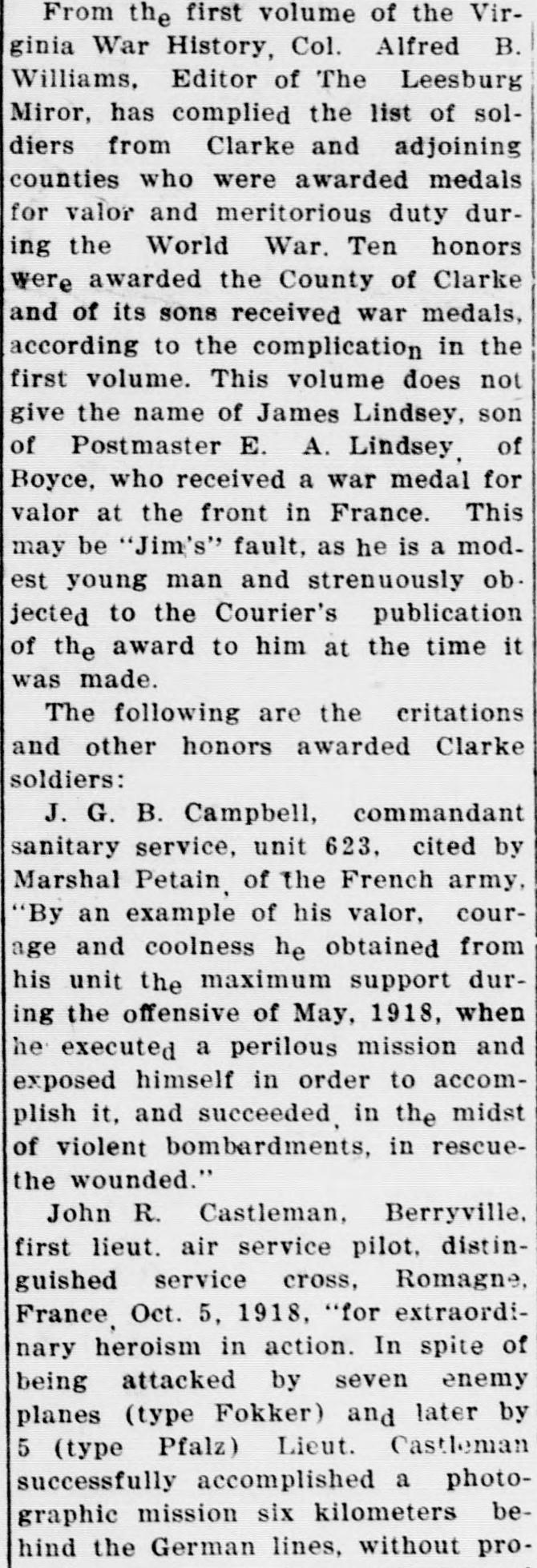 A cropped piece of a page of the Clarke Courier of April 26, 1923, showing a long newspaper column from the opening of a report, with paragraphs on the Virginia War History list of medals, a note about James Lindsey of Boyce, and the start of a citation.