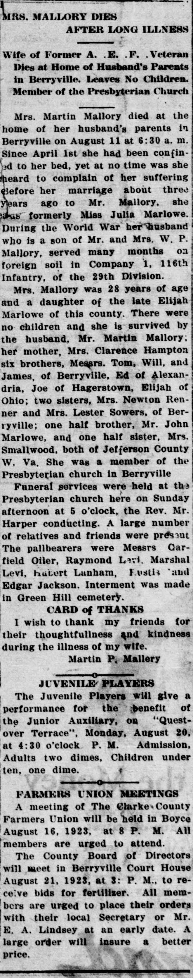 A cropped piece of a page of the Clarke Courier of August 16, 1923, showing a newspaper column headed MRS. MALLORY DIES AFTER LONG ILLNESS, with a deck calling her husband a former A. E. F. veteran, followed by the obituary and a card of thanks.