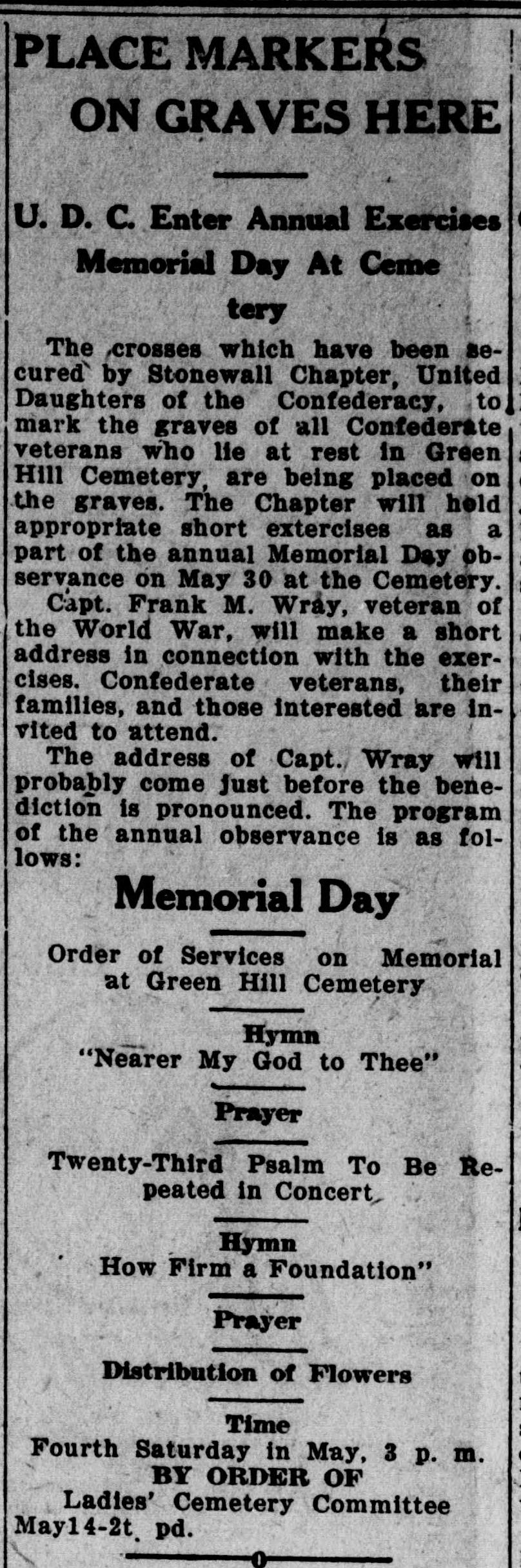 A newspaper column headed "PLACE MARKERS ON GRAVES HERE," about crosses placed by the United Daughters of the Confederacy on Confederate graves at Green Hill Cemetery, followed by a boxed "Order of Services on Memorial at Green Hill Cemetery" listing hymns, prayers and the distribution of flowers.
