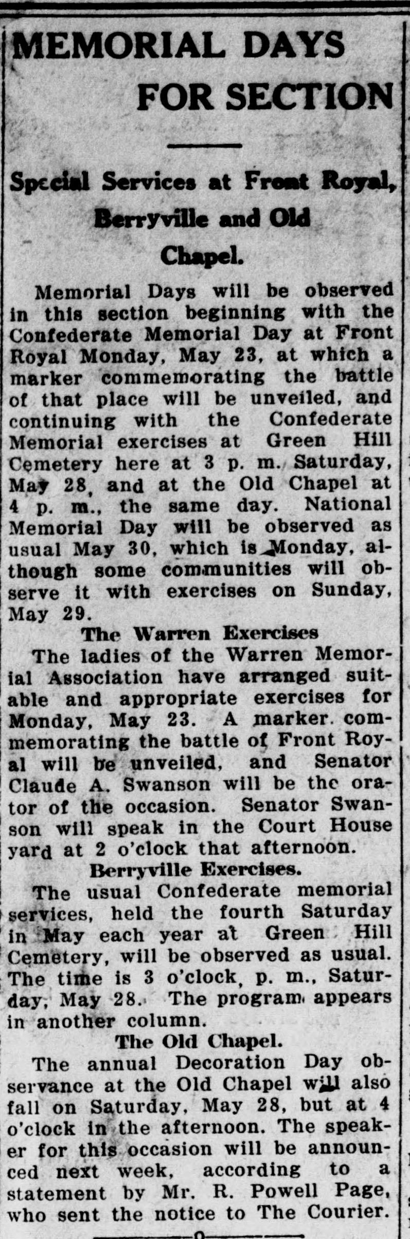 A newspaper column headed "MEMORIAL DAYS FOR SECTION" with the deck "Special Services at Front Royal, Berryville and Old Chapel," and subheads "Berryville Exercises" and "The Old Chapel".