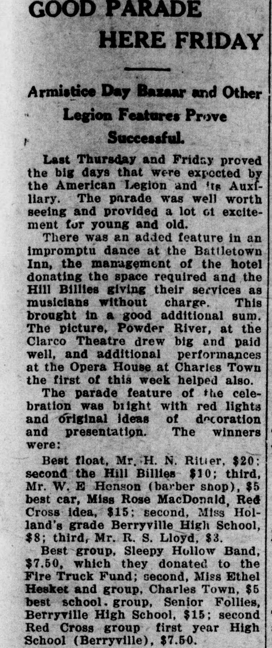A newspaper column headed "GOOD PARADE HERE FRIDAY" with the deck "Armistice Day Bazaar and Other Legion Features Prove Successful," describing the parade and an impromptu dance at the Battletown Inn.