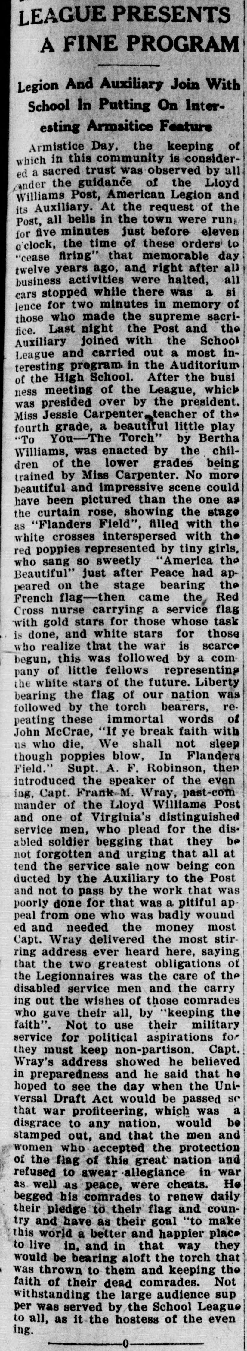 A tall newspaper column headed "LEAGUE PRESENTS A FINE PROGRAM," with the deck "Legion And Auxiliary Join With School In Putting On Interesting Armistice Feature," describing the ringing of the town bells and two minutes of silence.