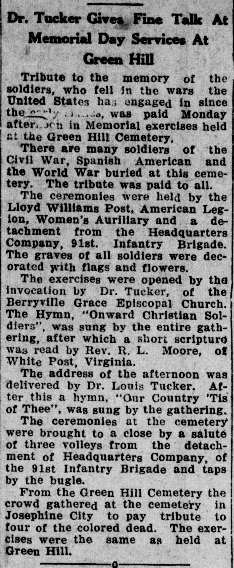 A newspaper column headed "Dr. Tucker Gives Fine Talk At Memorial Day Services At Green Hill," reporting that the graves of soldiers of the Civil War, the Spanish American War and the World War were decorated with flags and flowers.