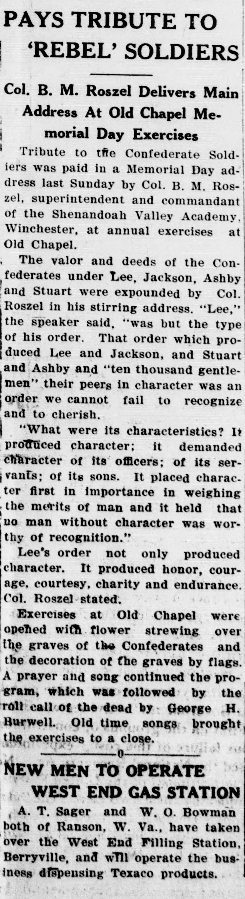 A newspaper column headed "PAYS TRIBUTE TO 'REBEL' SOLDIERS" with the deck "Col. B. M. Roszel Delivers Main Address At Old Chapel Memorial Day Exercises".