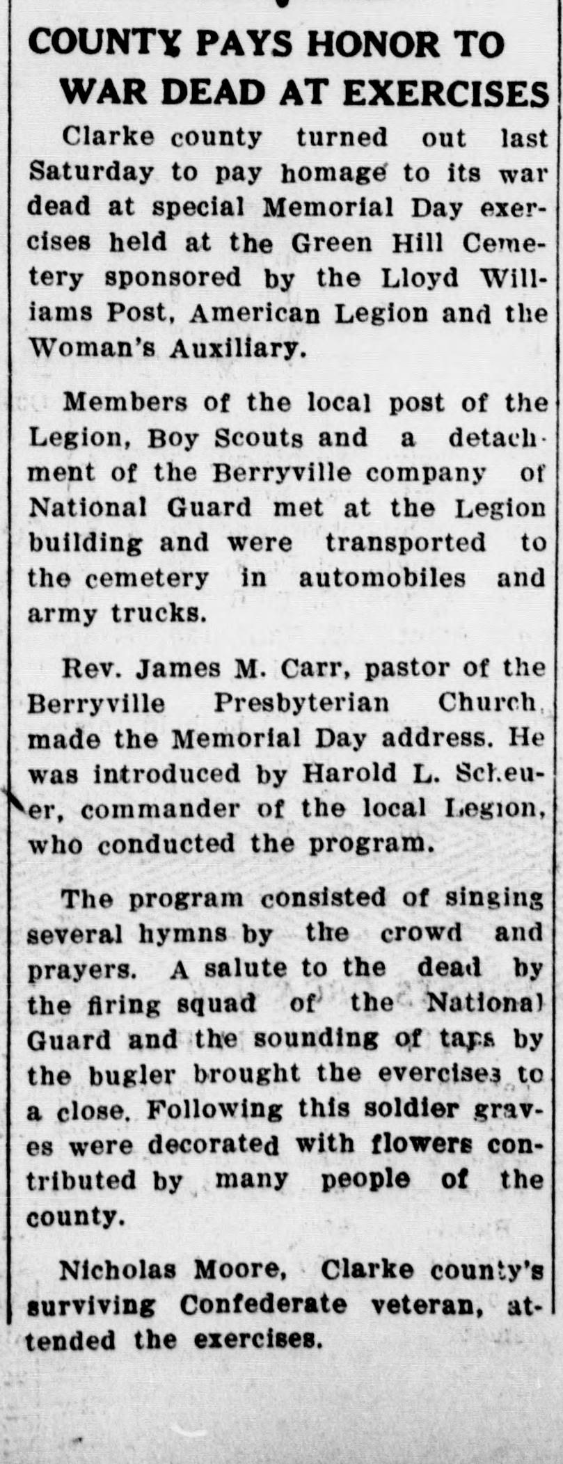 A newspaper column headed "COUNTY PAYS HONOR TO WAR DEAD AT EXERCISES," reporting Memorial Day exercises at Green Hill Cemetery sponsored by the Lloyd Williams Post and the Woman's Auxiliary.