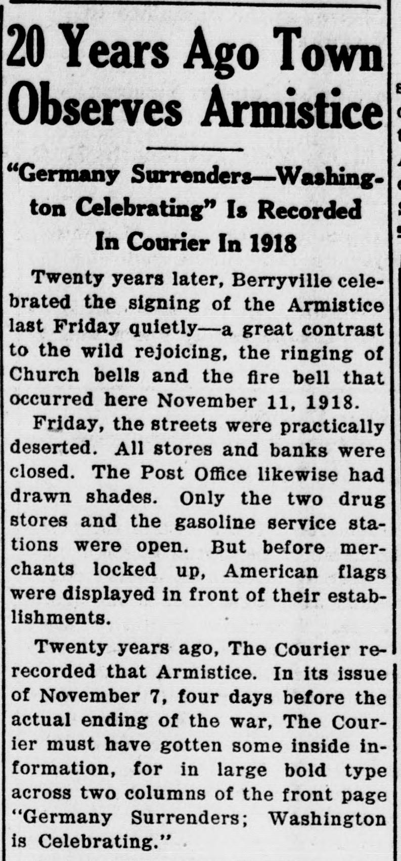 A newspaper column headed "20 Years Ago Town Observes Armistice," comparing the quiet holiday of 1938, with stores and banks closed and flags out, to the wild rejoicing of November 11, 1918.