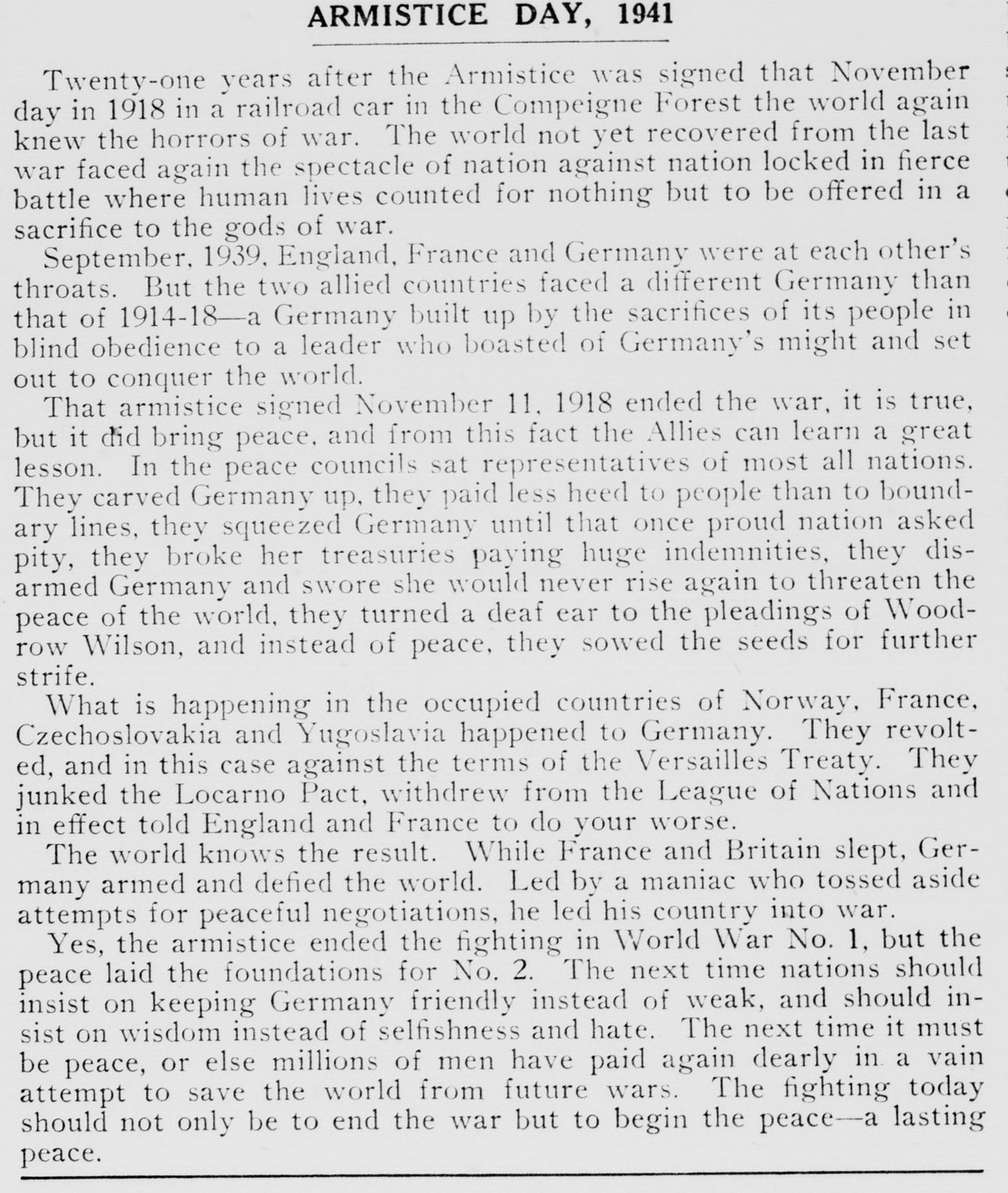 A newspaper editorial headed "ARMISTICE DAY, 1941," recalling the armistice signed in 1918 and saying that the peace laid the foundations for the second war.