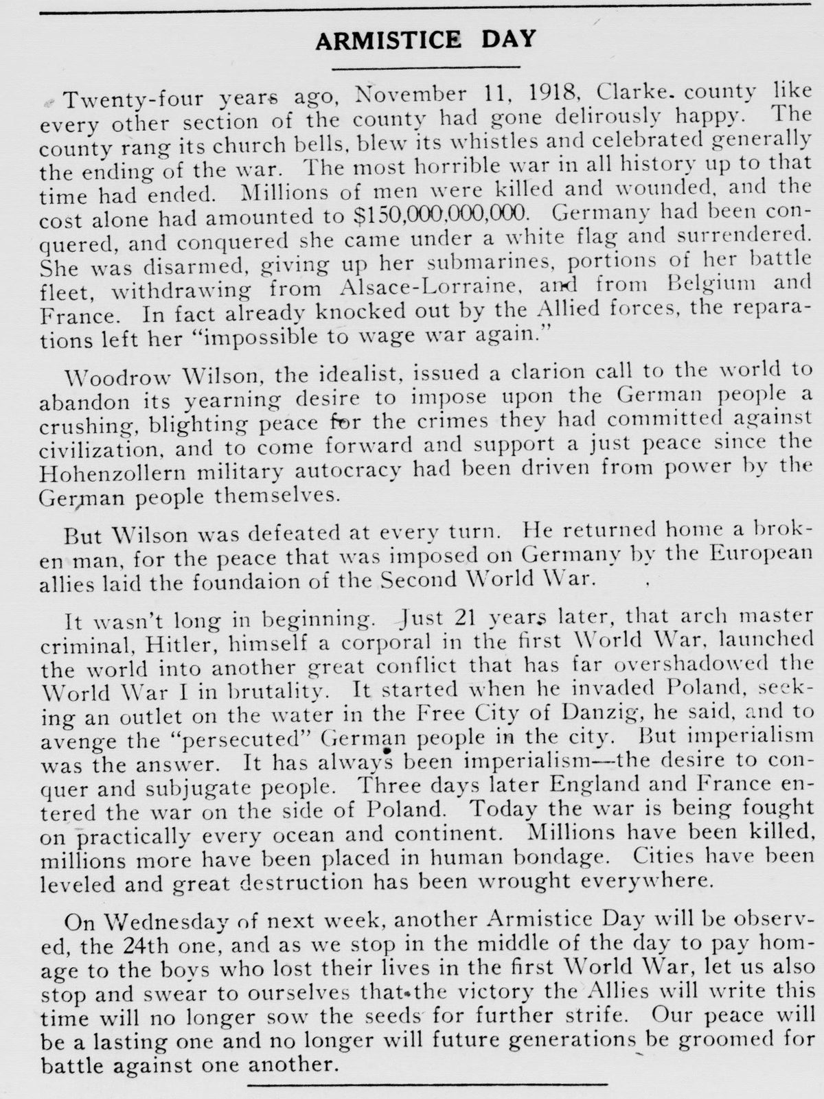 A newspaper editorial headed "ARMISTICE DAY," opening "Twenty-four years ago, November 11, 1918".