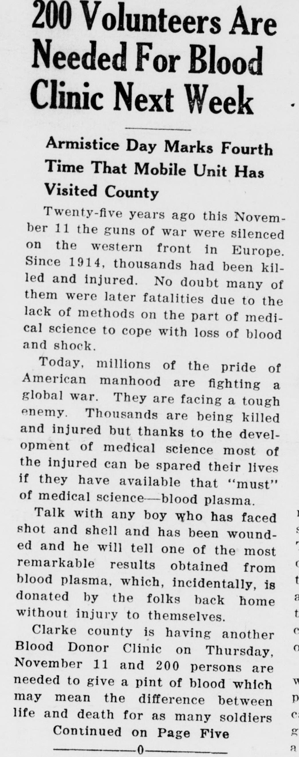A newspaper column headed "200 Volunteers Are Needed For Blood Clinic Next Week" with the deck "Armistice Day Marks Fourth Time That Mobile Unit Has Visited County".