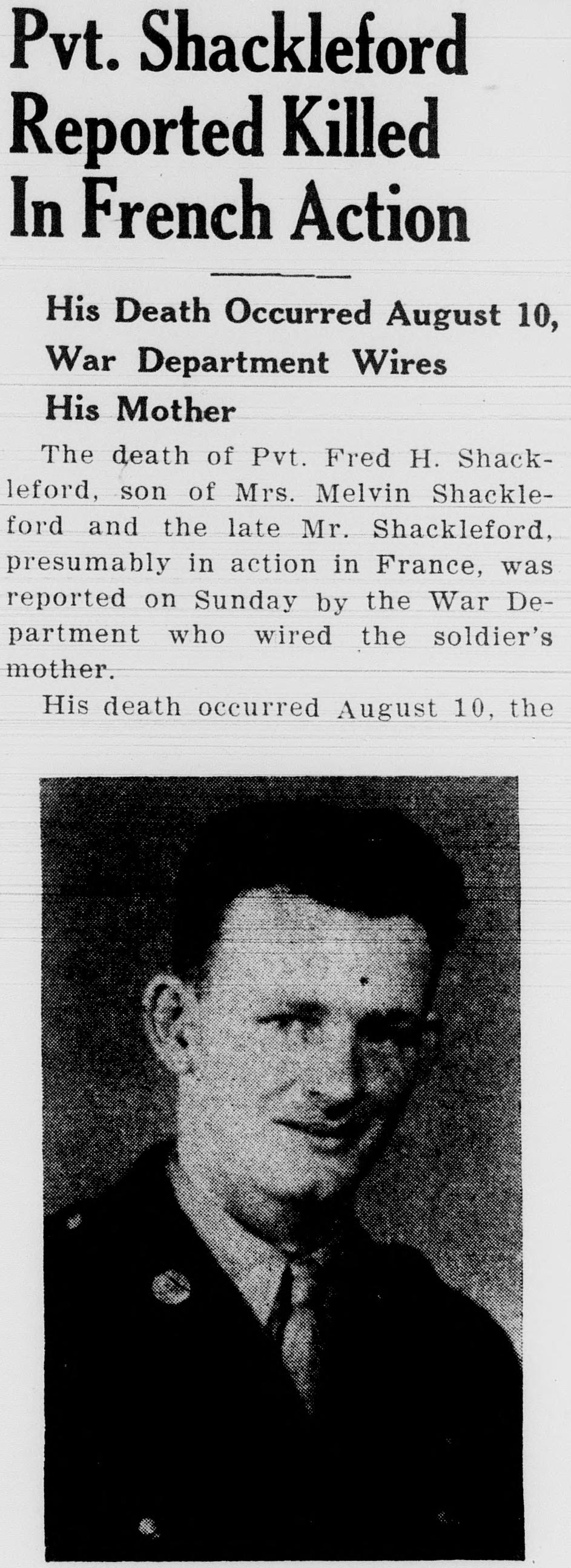 A front-page newspaper item headed Pvt. Shackleford Reported Killed In French Action, with its opening lines and a photograph of a young soldier in uniform, smiling, his hair brushed back.