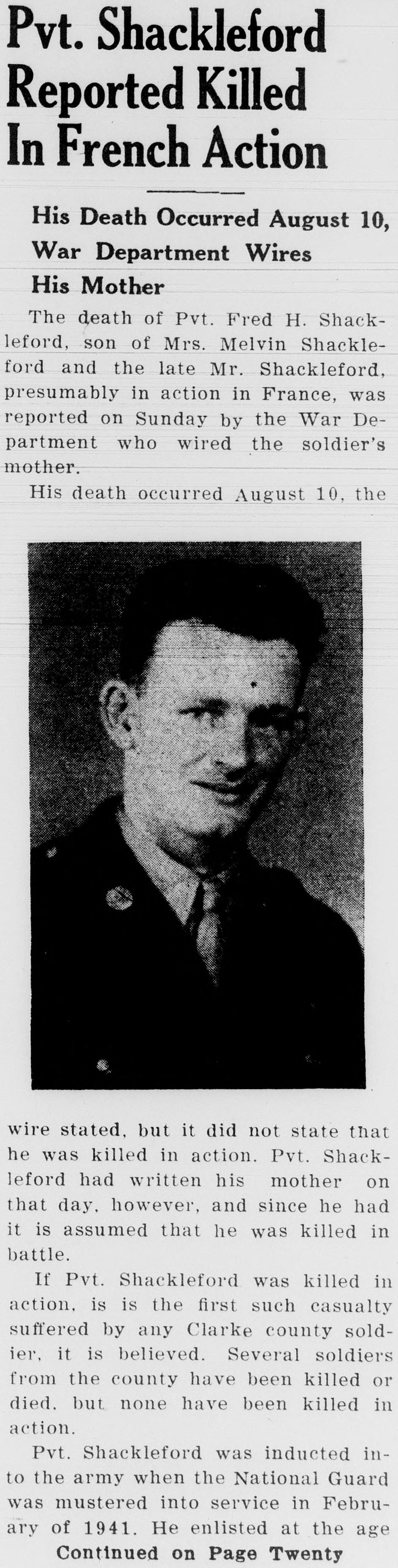 A front-page newspaper item headed Pvt. Shackleford Reported Killed In French Action, with his photograph, saying the wire did not state he was killed in action and that if he was, his was the county's first such casualty.