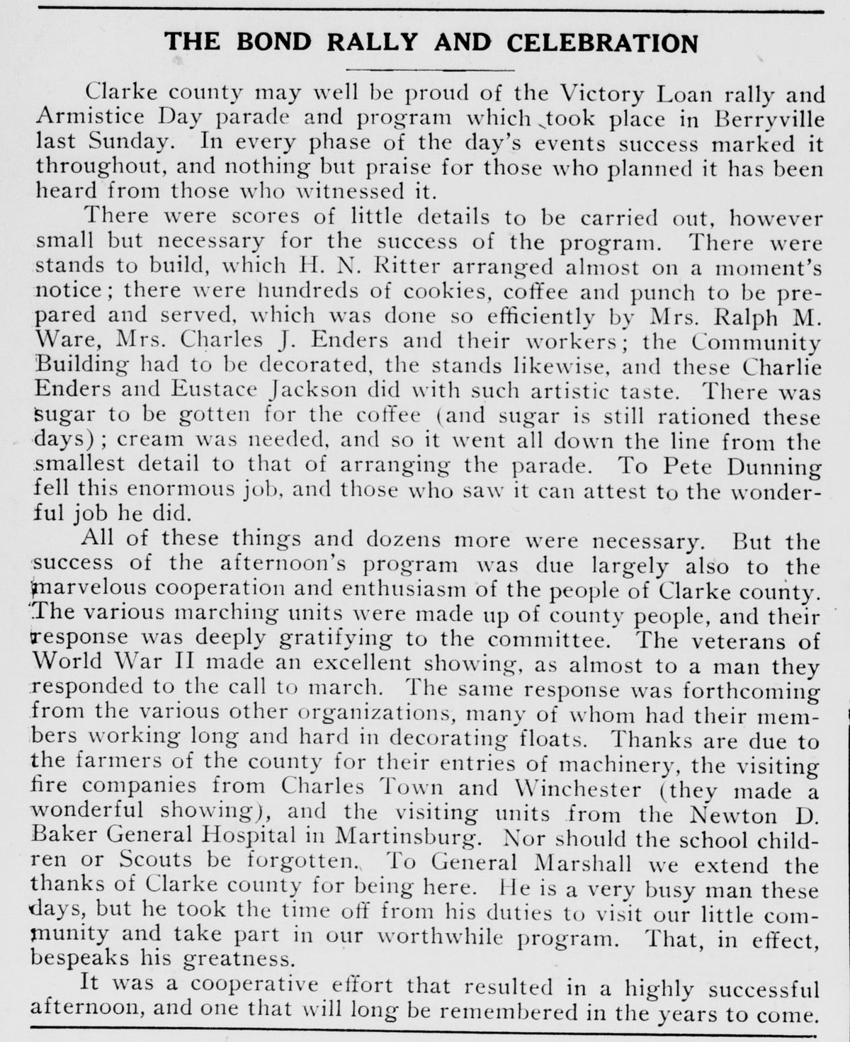 A newspaper editorial headed "THE BOND RALLY AND CELEBRATION," praising the Victory Loan rally and Armistice Day parade held in Berryville.