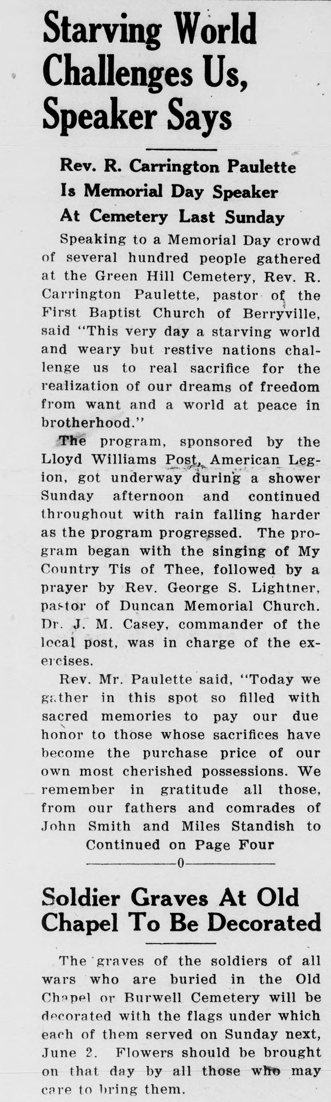 A newspaper column headed "Starving World Challenges Us, Speaker Says," reporting the Memorial Day program at Green Hill Cemetery, with a second item headed "Soldier Graves At Old Chapel To Be Decorated".
