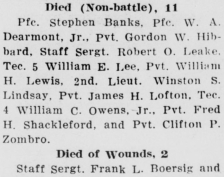 A newspaper list headed Died (Non-battle), 11, naming eleven Clarke County servicemen, among them Pvt. Fred H. Shackleford, above the next heading, Died of Wounds, 2.