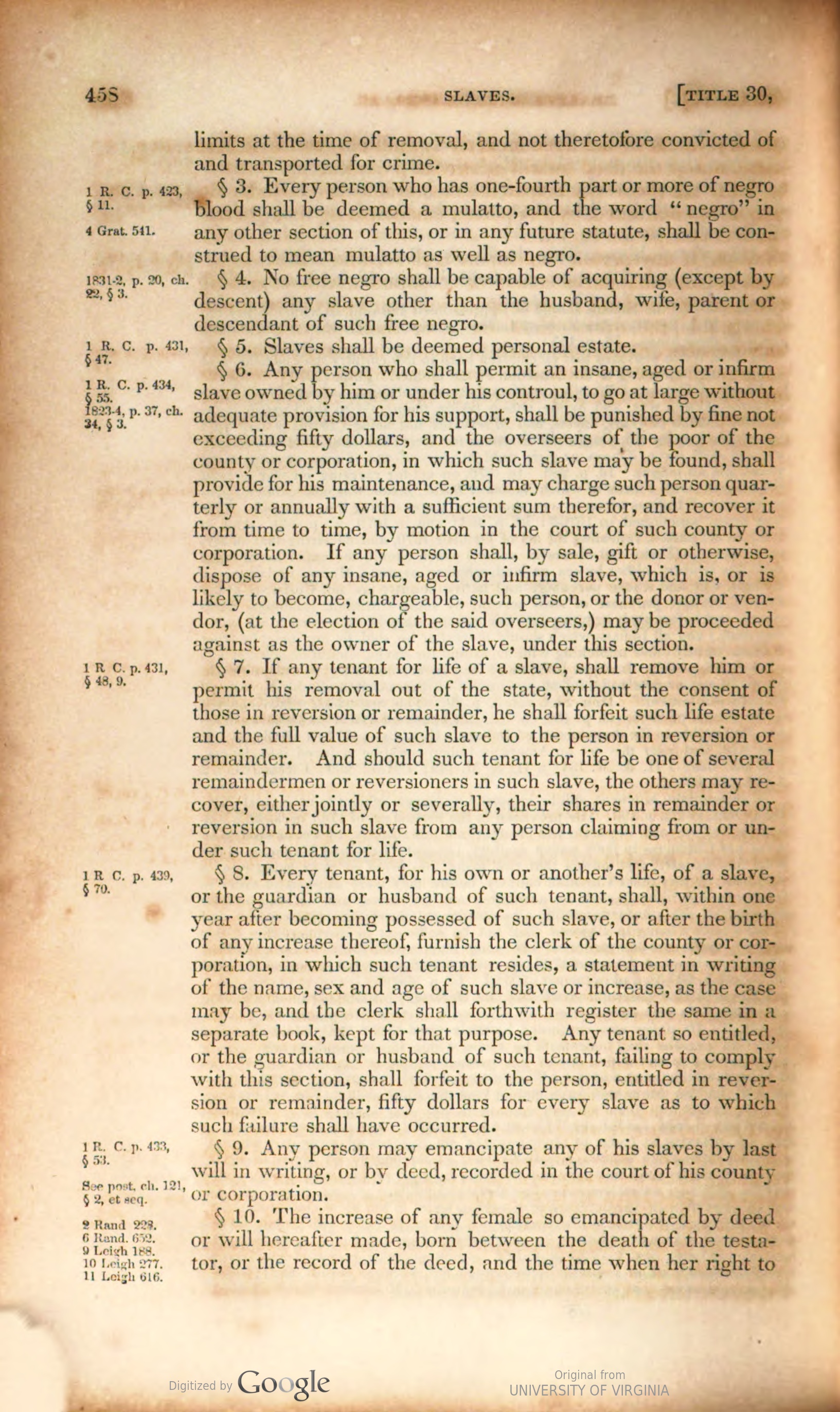 A printed page of the Code of Virginia headed Slaves, Title 30, in numbered sections with small marginal citations of earlier acts down the left side.