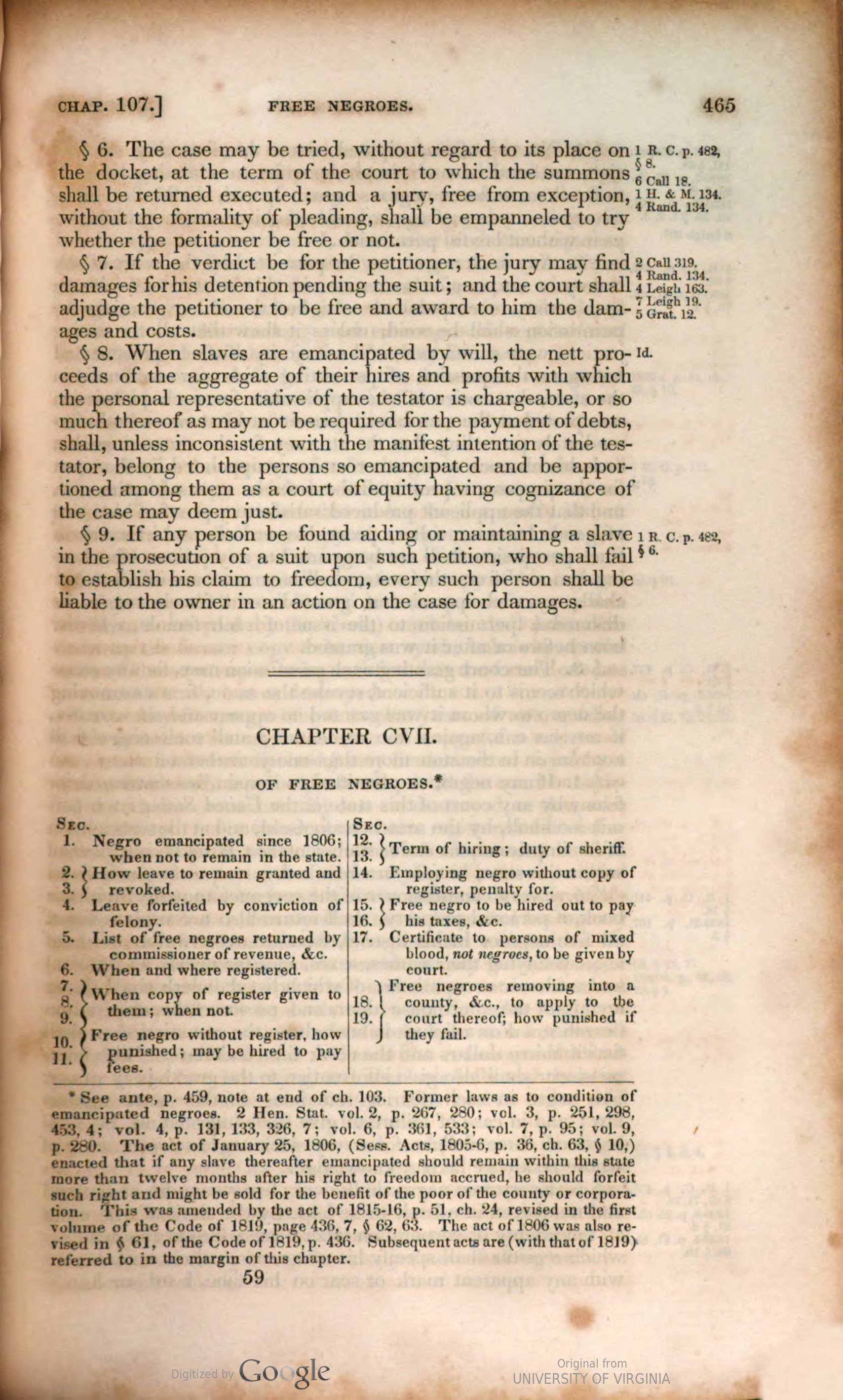 A printed page of the Code of Virginia ending one chapter and beginning Chapter CVII, Of Free Negroes, with a table of its sections and a footnote in small type.