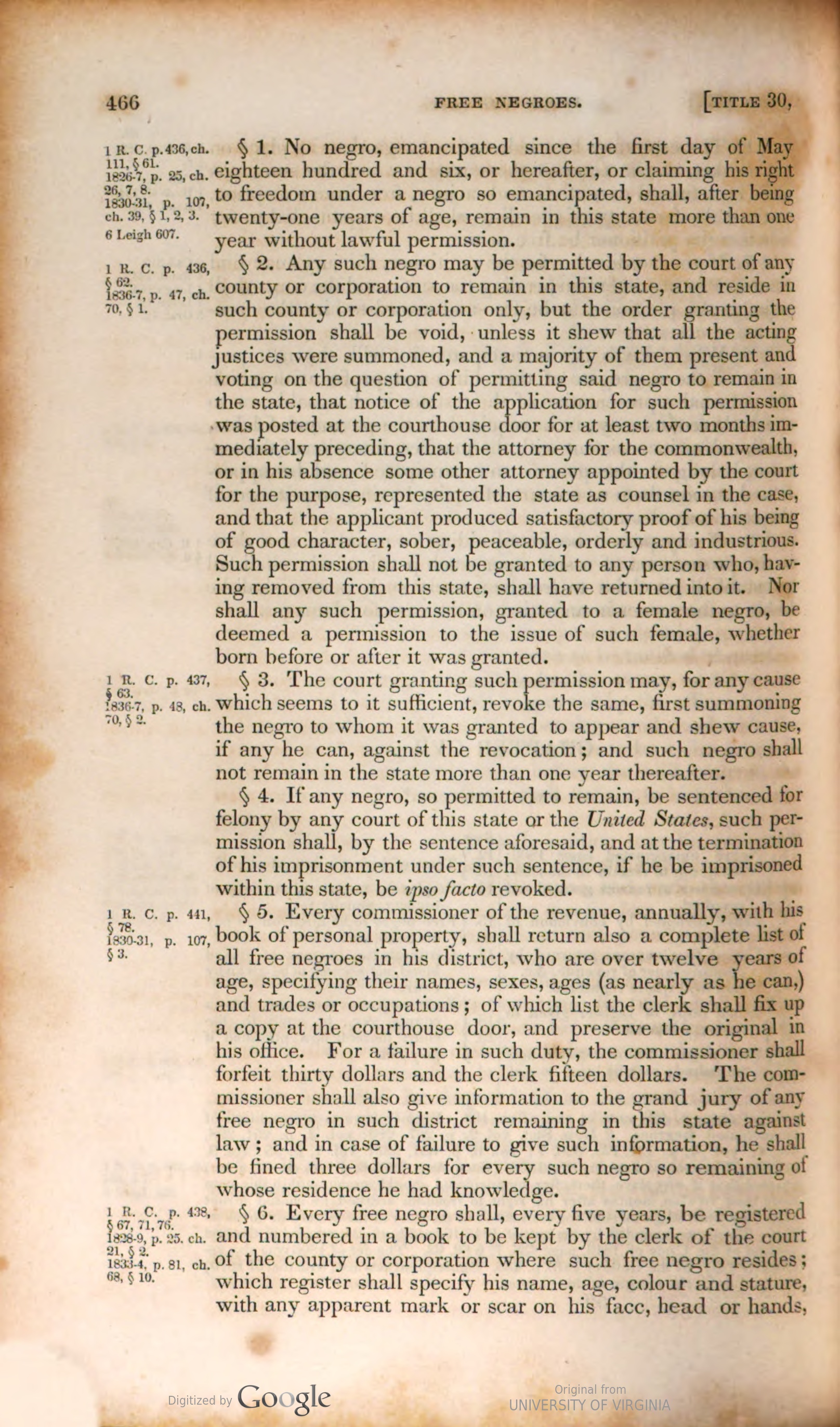 A printed page of the Code of Virginia headed Free Negroes, Title 30, set in numbered sections with marginal citations of earlier acts at the left.