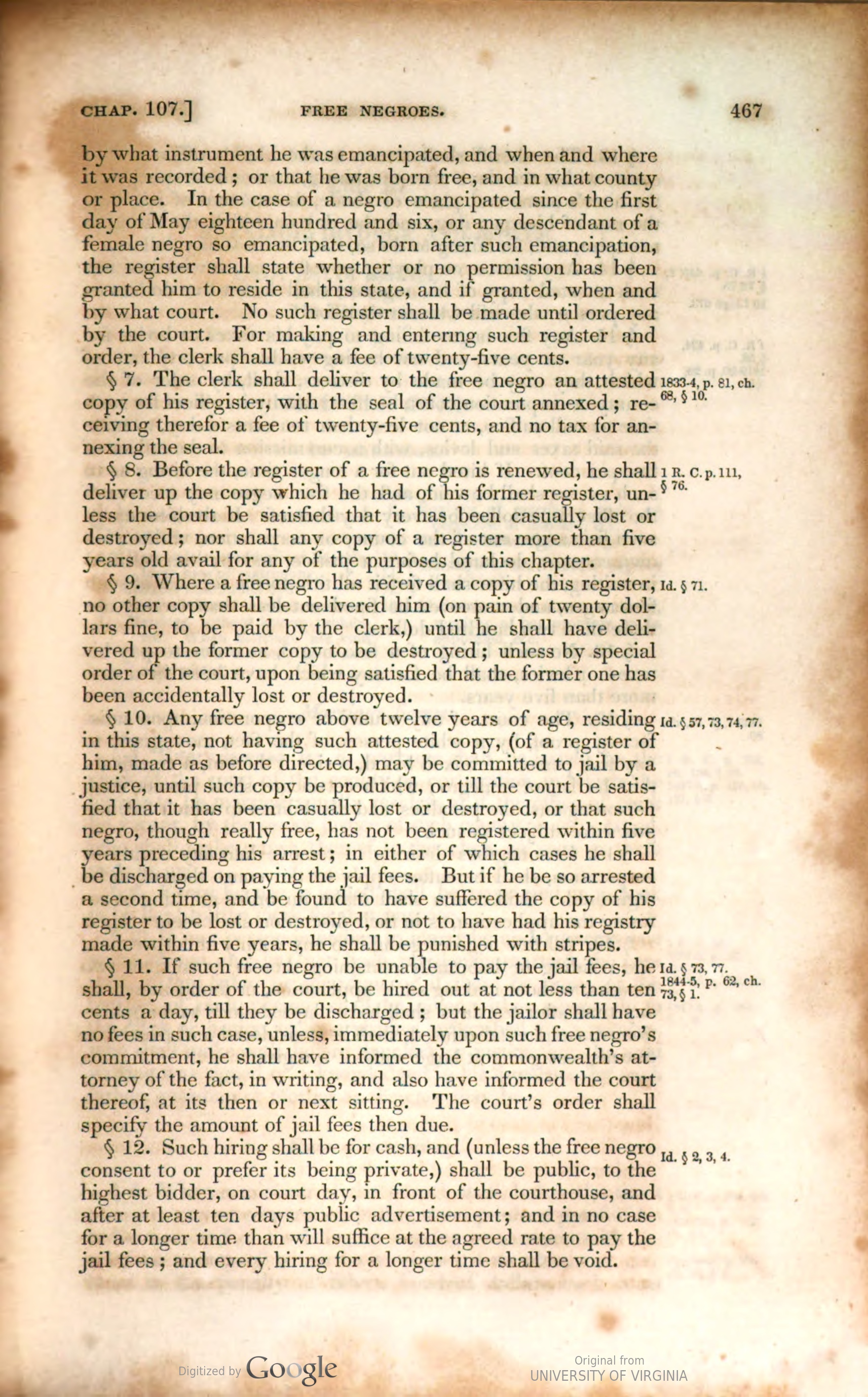 A printed page of the Code of Virginia headed Free Negroes, chapter 107, continuing the numbered sections on the register of free negroes.