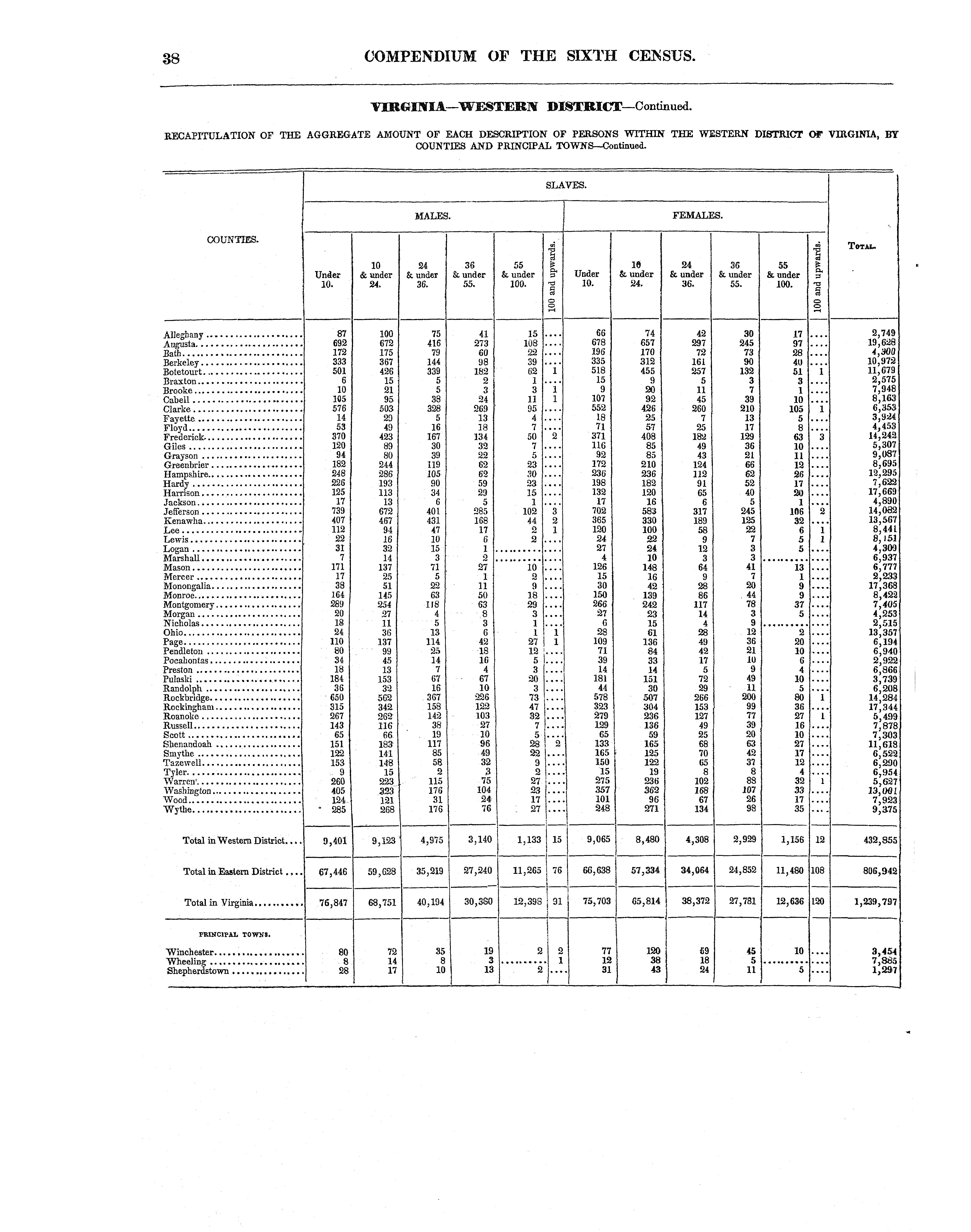 A printed page of census tables headed Virginia, Western District. Columns of figures give the number of male and female slaves by age group for each county, from Alleghany to Wythe, with a total column at the right; Clarke is the ninth row.