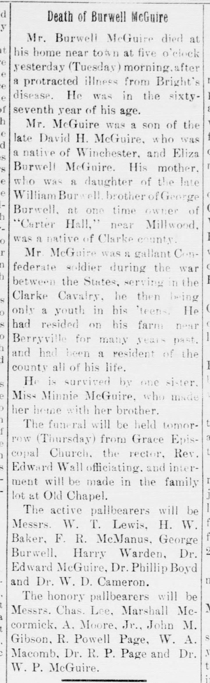 A newspaper column headed "Death of Burwell McGuire," saying he served in the Clarke Cavalry when only a youth in his teens, with his funeral and pallbearers.
