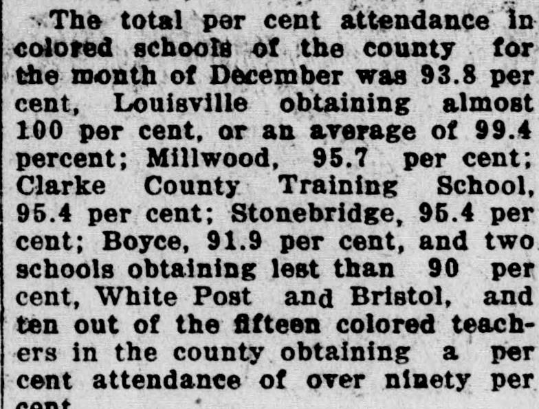 A paragraph of newspaper type on December attendance in the county's colored schools: 93.8 per cent in all, with figures for Louisville, Millwood, the Clarke County Training School at 95.4 per cent, Stonebridge, Boyce, White Post and Bristol.