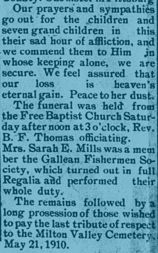 One newspaper column, tinted blue by the viewer's highlight. It ends an obituary: prayers for her children and grandchildren, the funeral at the Free Baptist Church with Rev. B. F. Thomas officiating, her membership of the Gallean Fishermen Society, which turned out in full regalia, and a long procession following her remains to the Milton Valley Cemetery, dated May 21, 1910.