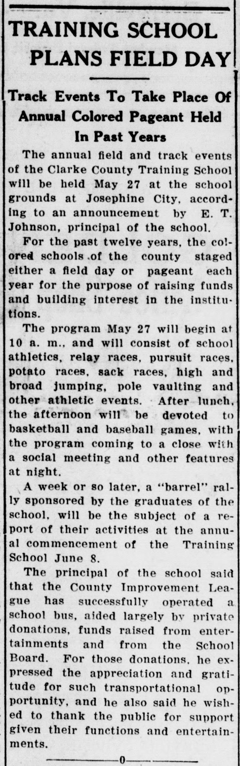 A newspaper column headed "Training School Plans Field Day," with the deck "Track Events To Take Place Of Annual Colored Pageant Held In Past Years." It lists the day's races and games, then reports the principal's thanks for the donations that kept the school bus running.