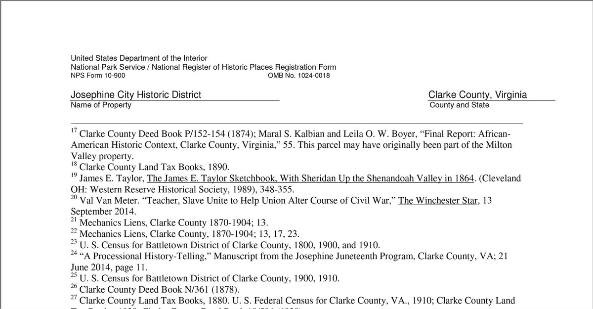The top of a page of footnotes on the National Register form. Footnote 17 cites Clarke County Deed Book P, pages 152 to 154, of 1874, and an African-American historic context report, and says the parcel may originally have been part of the Milton Valley property; later footnotes cite land tax books, census returns and mechanics liens.