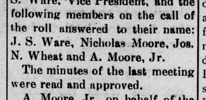 A short passage of a newspaper report listing the four members who answered the roll at the Clarke Cavalry reunion of 1918: J. S. Ware, Nicholas Moore, Jos. N. Wheat and A. Moore, Jr.