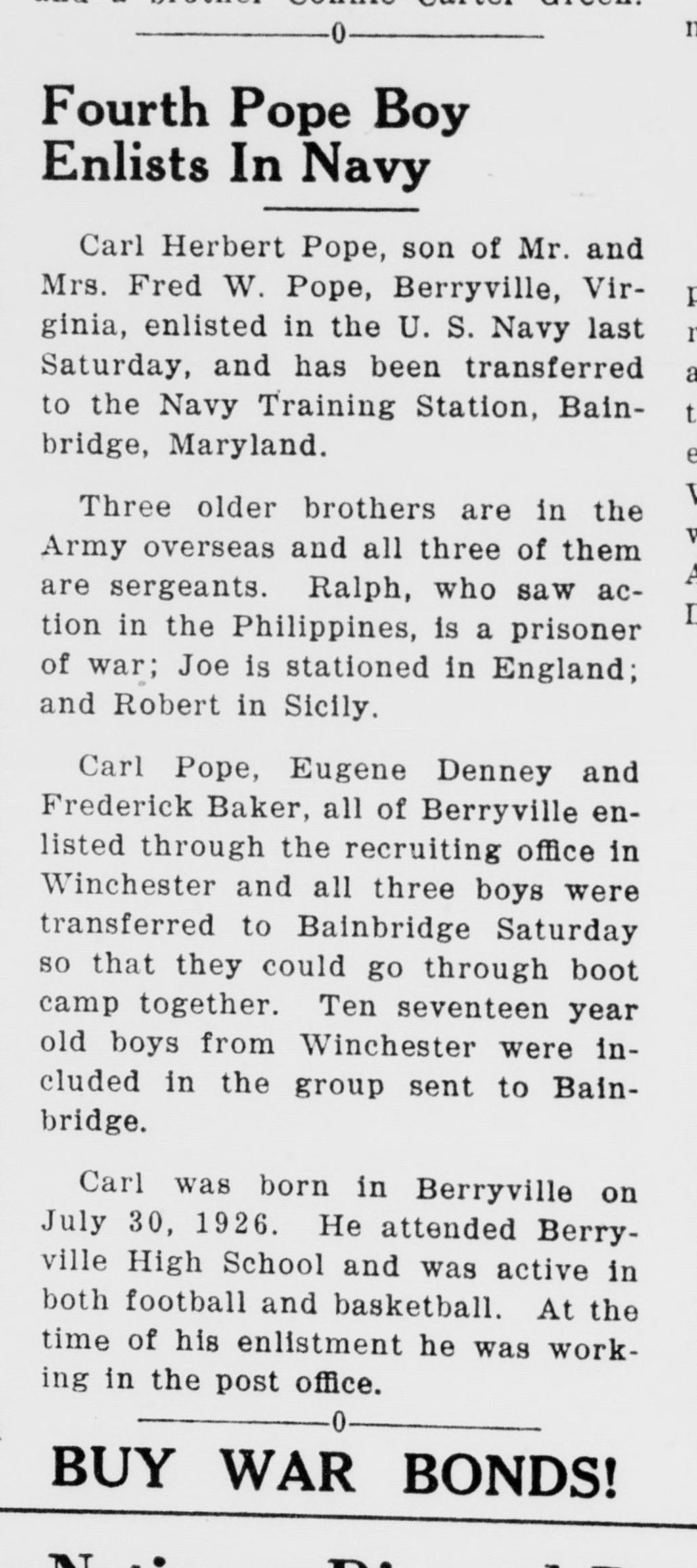 A newspaper item headed "Fourth Pope Boy Enlists In Navy." It reports that Carl Herbert Pope enlisted in the U.S. Navy and was sent to Bainbridge, Maryland, that three older brothers are Army sergeants overseas, and that he was born July 30, 1926 and worked in the post office.