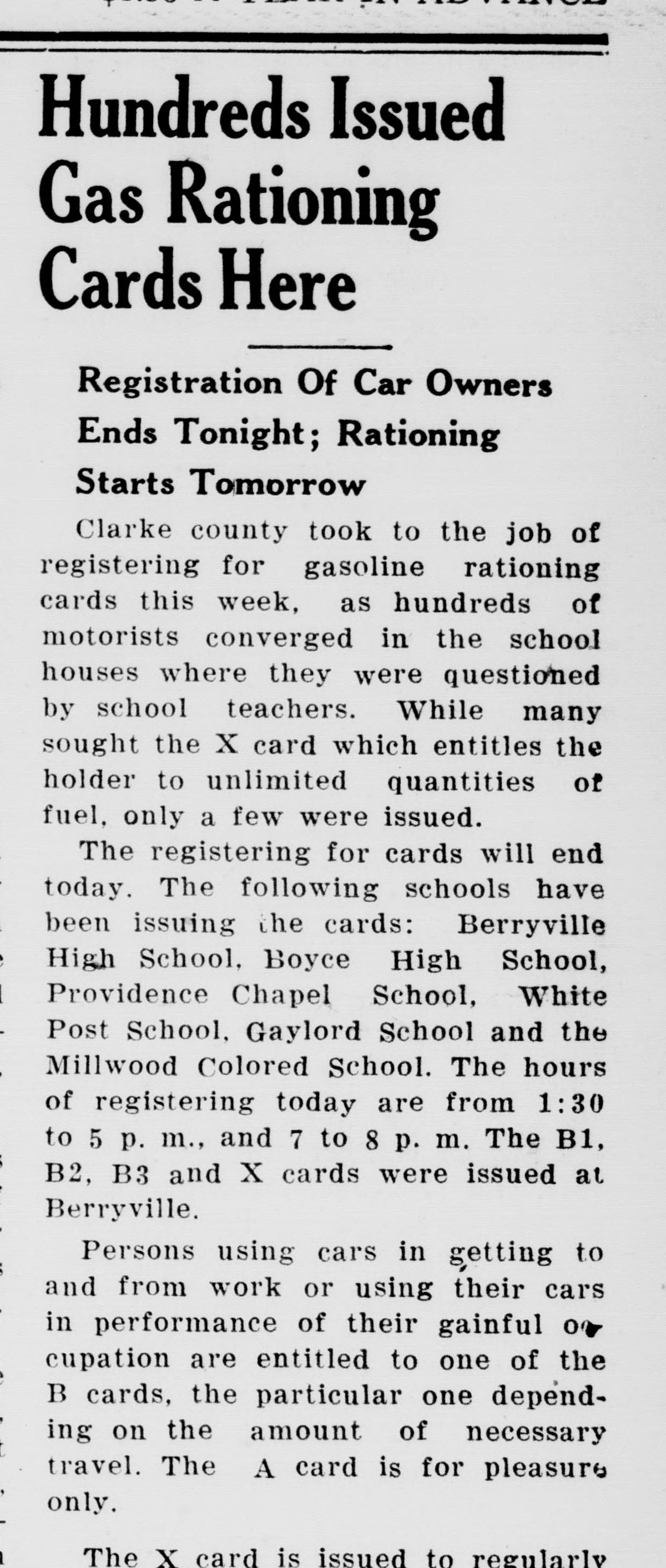 A front-page newspaper column headed "Hundreds Issued Gas Rationing Cards Here," with the subhead "Registration Of Car Owners Ends Tonight; Rationing Starts Tomorrow." It describes motorists questioned by school teachers at the school houses, names the six schools issuing cards, and explains the A, B and X cards.