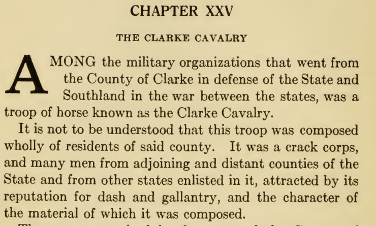 A cropped printed page from Thomas D. Gold's 1914 History of Clarke County, showing the heading CHAPTER XXV, THE CLARKE CAVALRY and the opening paragraph, with the sentence that the troop was not composed wholly of residents of Clarke County.