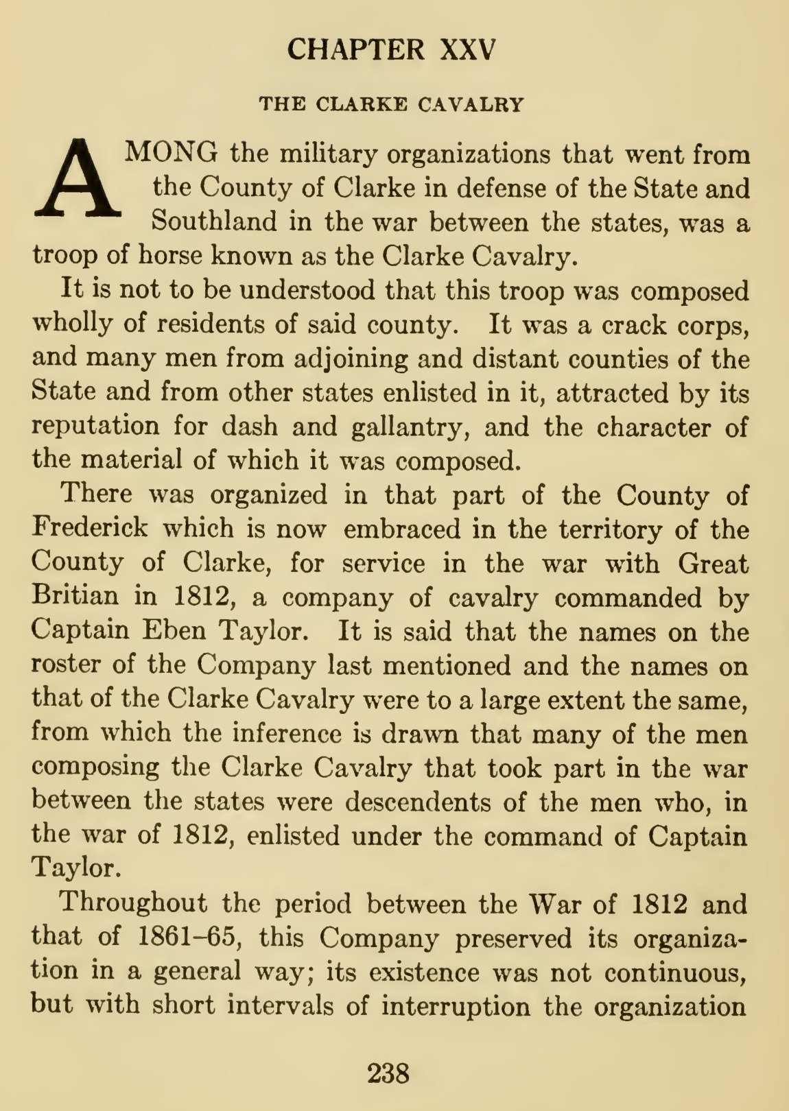 A cropped printed page from Thomas D. Gold's 1914 History of Clarke County, showing the heading CHAPTER XXV, THE CLARKE CAVALRY and the opening paragraphs, with the sentence that the troop was not composed wholly of residents of Clarke County.