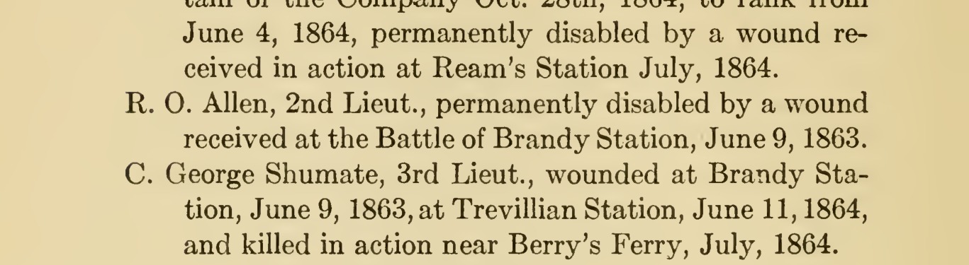 A cropped printed page from Thomas D. Gold's 1914 History of Clarke County, showing a roll entry reading R. O. Allen, 2nd Lieut., permanently disabled by a wound received at the Battle of Brandy Station, June 9, 1863.