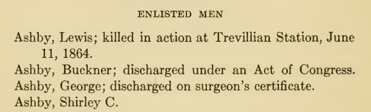A cropped printed page from Thomas D. Gold's 1914 History of Clarke County, showing the heading ENLISTED MEN and four roll entries: Ashby, Lewis; killed in action at Trevillian Station, June 11, 1864; Ashby, Buckner; Ashby, George; Ashby, Shirley C.