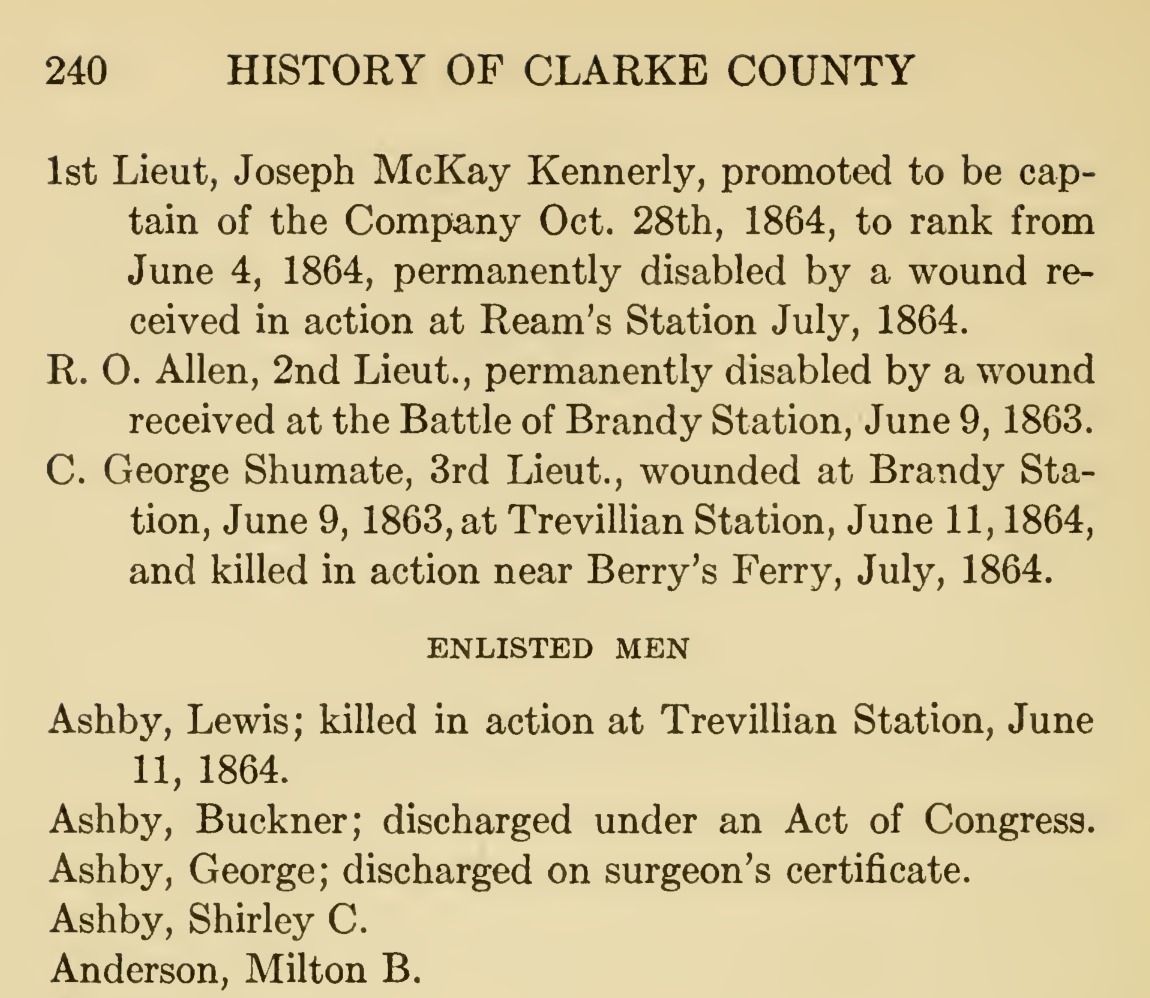 A cropped printed page from Thomas D. Gold's 1914 History of Clarke County, showing the last officers of the Clarke Cavalry roll, including R. O. Allen, 2nd Lieut., and the heading ENLISTED MEN followed by the first names on the list.