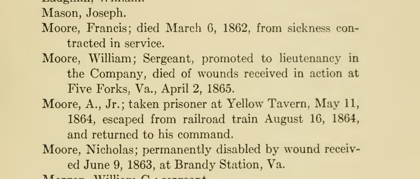 A cropped printed page from Thomas D. Gold's 1914 History of Clarke County, showing a roll entry reading Moore, William; Sergeant, promoted to lieutenancy in the Company, died of wounds received in action at Five Forks, Va., April 2, 1865.
