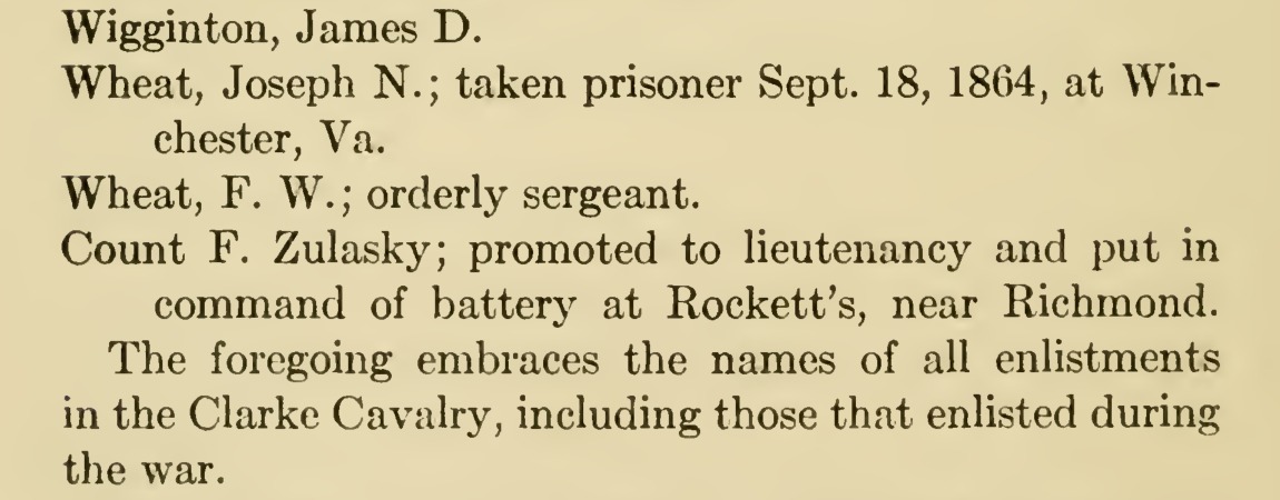 A cropped printed page from Thomas D. Gold's 1914 History of Clarke County, showing the last entries of a roll and the closing sentence that the foregoing embraces the names of all enlistments in the Clarke Cavalry, including those that enlisted during the war.