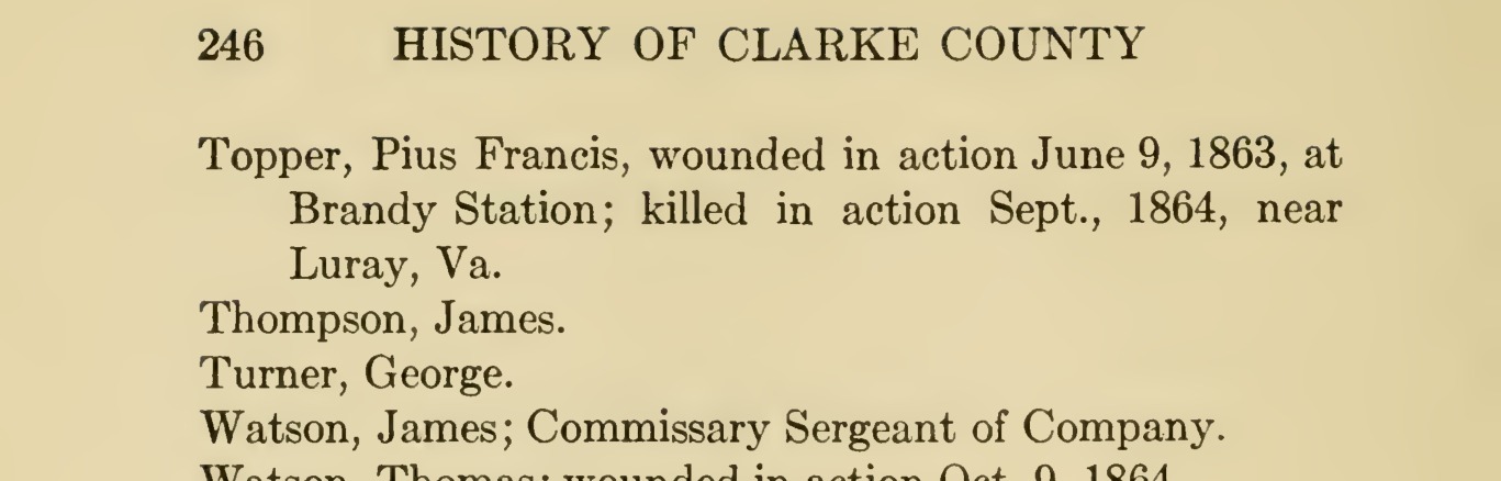A cropped printed page from Thomas D. Gold's 1914 History of Clarke County, showing a roll entry reading Topper, Pius Francis, wounded in action June 9, 1863, at Brandy Station; killed in action Sept., 1864, near Luray, Va.