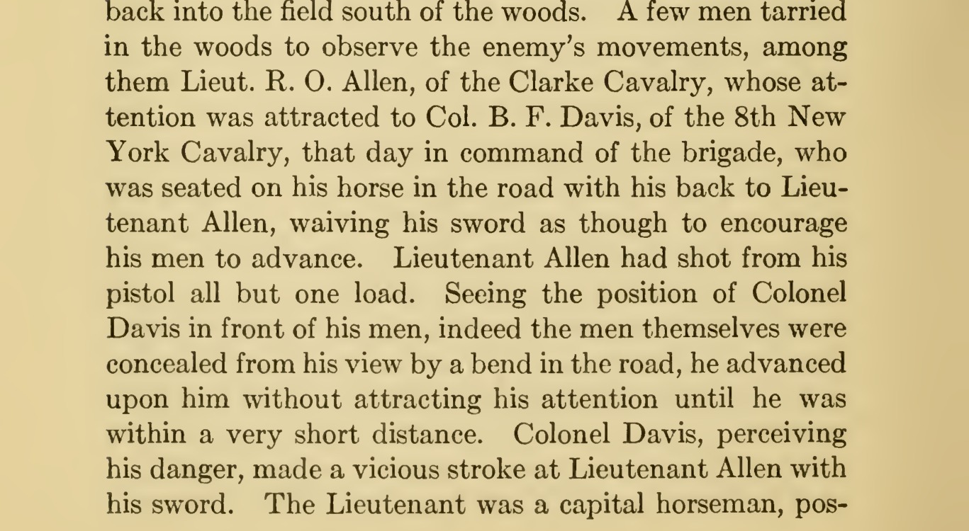 A cropped printed page from Thomas D. Gold's 1914 History of Clarke County, showing a printed paragraph of a battle narrative that includes the words among them Lieut. R. O. Allen, of the Clarke Cavalry, and a mention of Col. B. F. Davis of the 8th New York Cavalry.