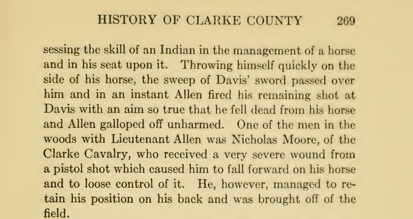 A cropped printed page headed History of Clarke County, page 269: the paragraph telling how Allen threw himself on the side of his horse, fired his remaining shot so that Davis fell dead, and how Nicholas Moore of the Clarke Cavalry was severely wounded and brought off the field.
