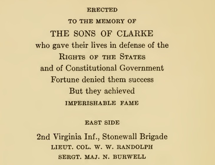 A cropped printed page from Thomas D. Gold's 1914 History of Clarke County, showing the printed dedication ERECTED TO THE MEMORY OF THE SONS OF CLARKE who gave their lives in defense of the RIGHTS OF THE STATES, the line IMPERISHABLE FAME, and the heading EAST SIDE with the first names under 2nd Virginia Inf., Stonewall Brigade.