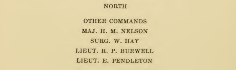 A cropped printed page from Thomas D. Gold's 1914 History of Clarke County, showing the headings NORTH and OTHER COMMANDS and four names in capitals: Maj. H. M. Nelson, Surg. W. Hay, Lieut. R. P. Burwell and Lieut. E. Pendleton.