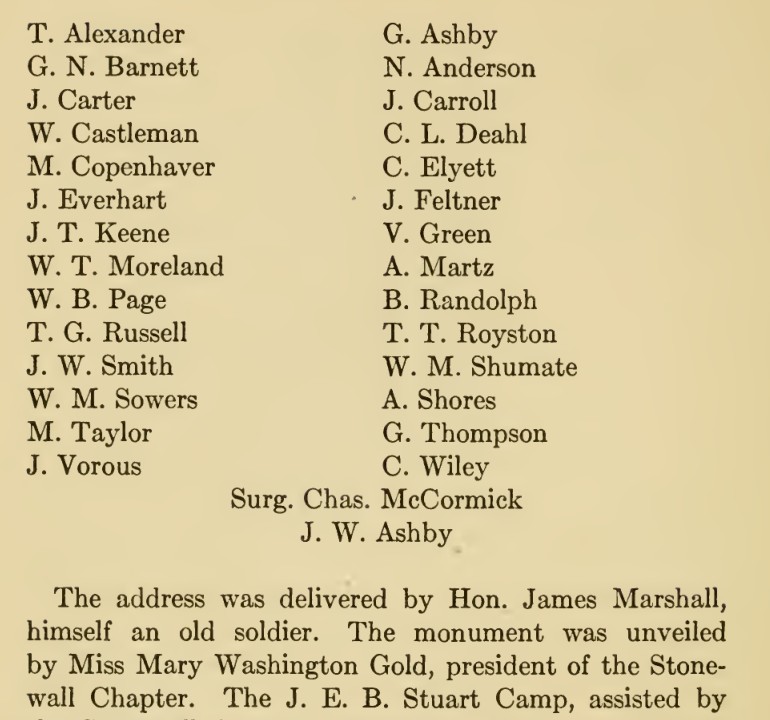 A cropped printed page from Thomas D. Gold's 1914 History of Clarke County, showing the lower part of a two-column list of names ending with Surg. Chas. McCormick and J. W. Ashby, followed by sentences beginning The address was delivered by Hon.