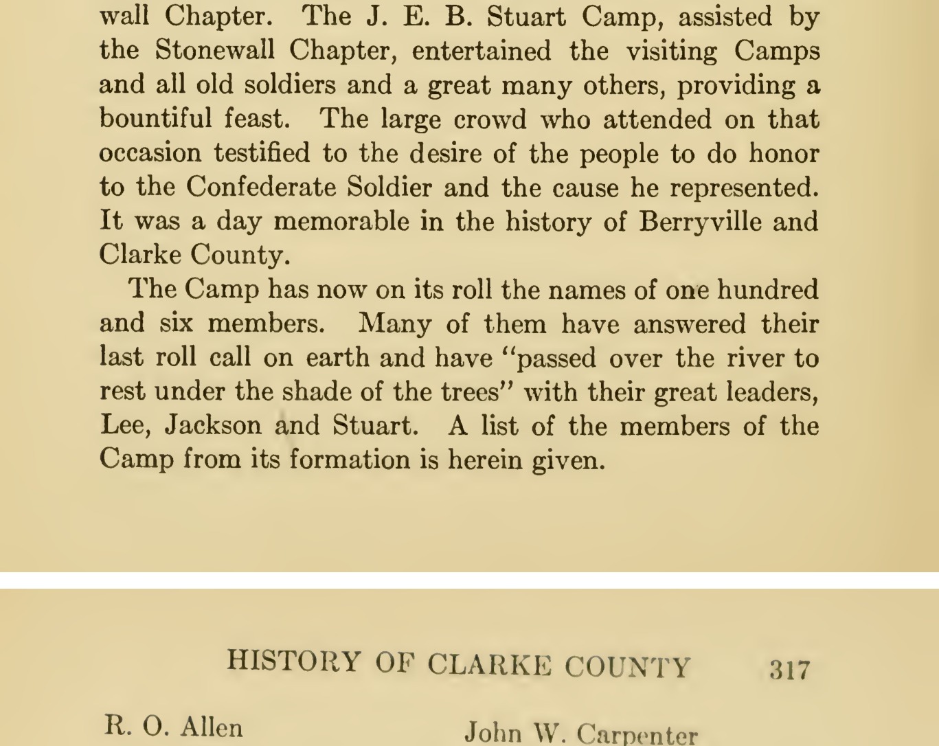 A cropped printed page from Thomas D. Gold's 1914 History of Clarke County, showing the end of a paragraph on the J. E. B. Stuart Camp and its roll of one hundred and six members, and below it the top of a two-column list of members beginning with R. O. Allen.