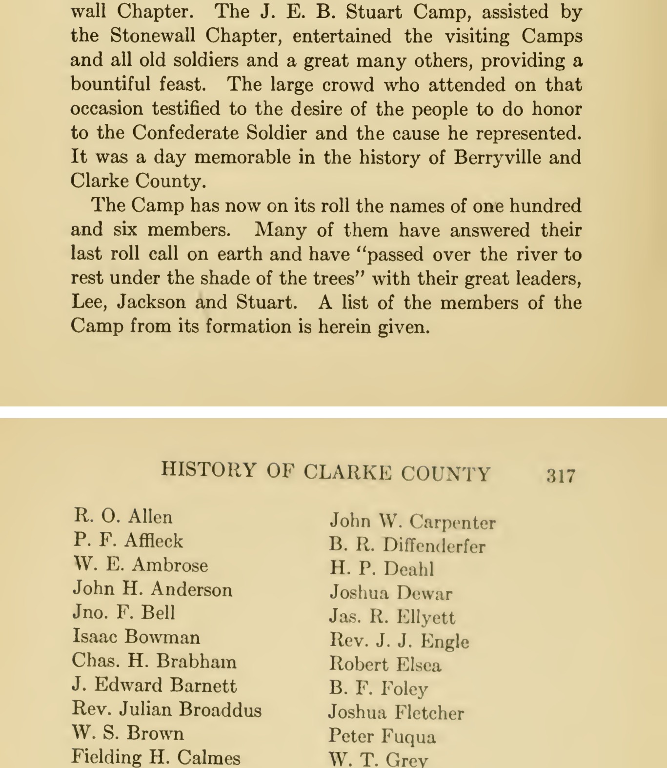 A cropped printed page from Thomas D. Gold's 1914 History of Clarke County, showing the end of a paragraph on the J. E. B. Stuart Camp and its roll of one hundred and six members, and below it the top of a two-column list of members that includes Peter Fuqua.