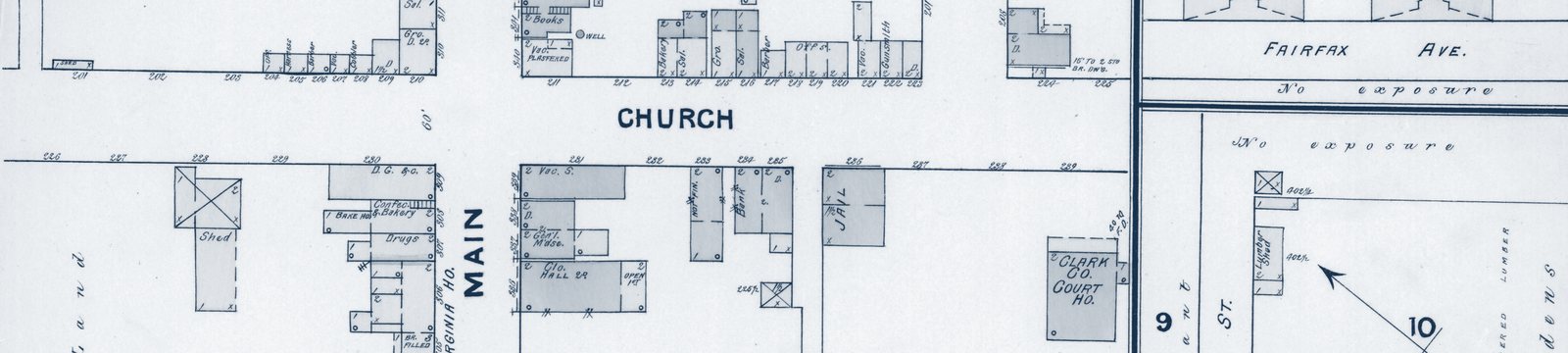 Detail of an 1891 fire-insurance map of Berryville, in blue, showing Main and Church streets, the county courthouse, the jail, a bank and shops.